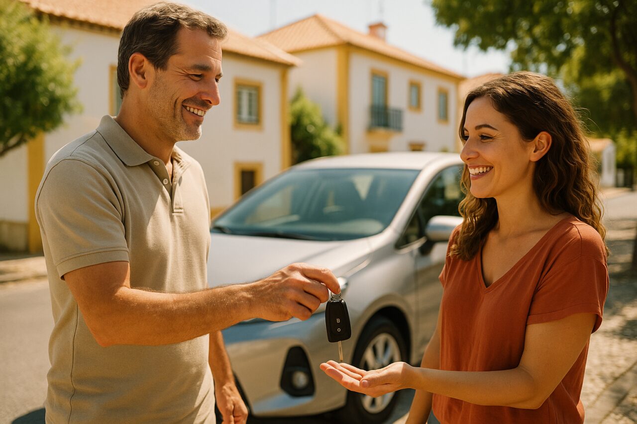Familiar a receber as chaves de um carro de renting para as férias em Portugal