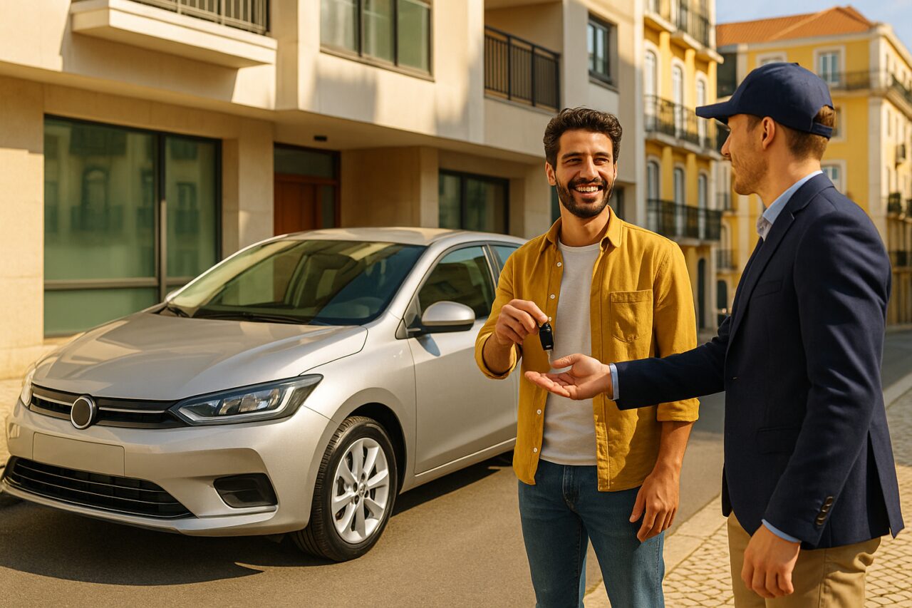 Entrega de carro em renting em Portugal, homem a receber as chaves do seu carro novo