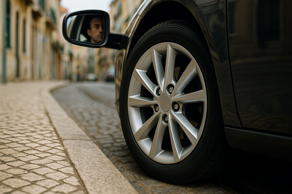 Estacionamento cuidadoso de jante de liga leve em carro de renting numa rua portuguesa