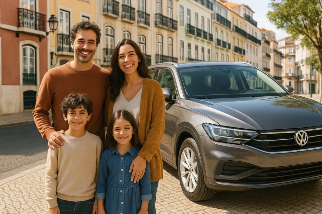 Família portuguesa feliz junto a carro novo em renting sem entrada em Lisboa