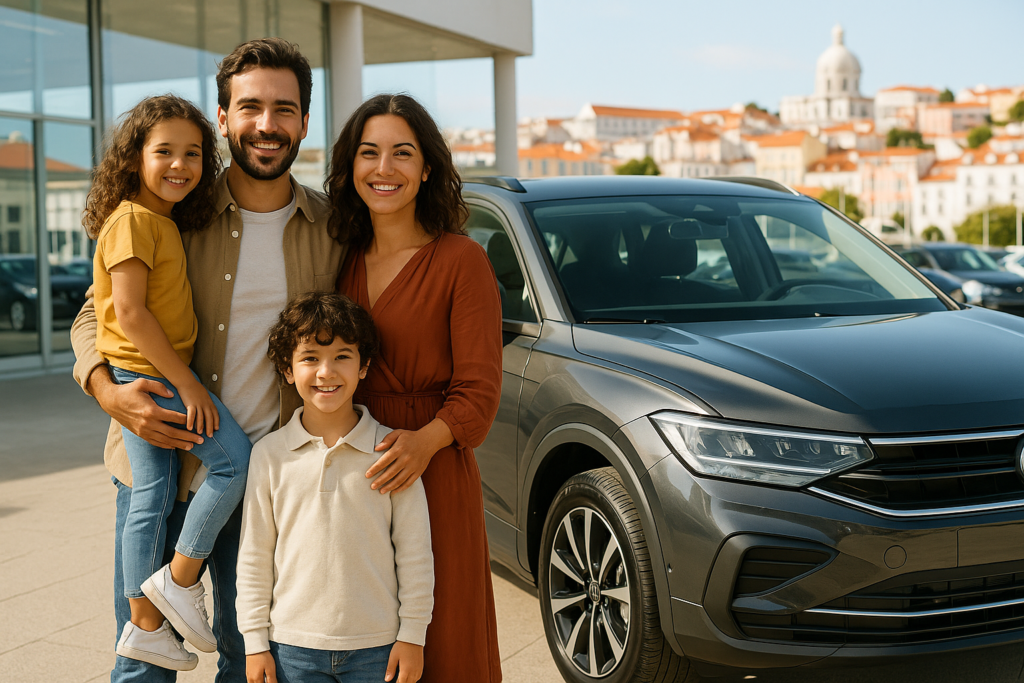 Família portuguesa feliz com carro novo em renting sem entrada em Portugal