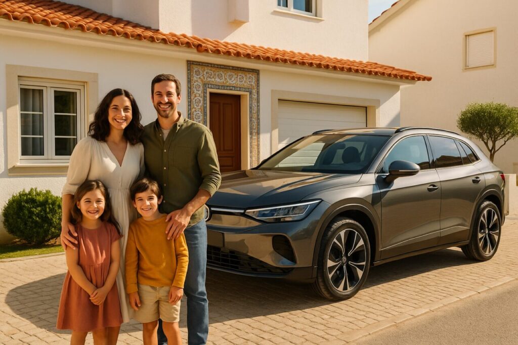 Família portuguesa com carro seguro em renting com cinco estrelas EuroNCAP