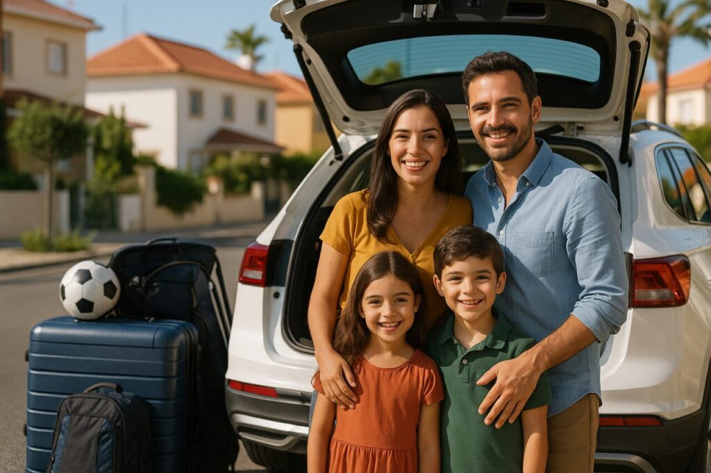 Família portuguesa junto a um SUV em renting com bagageira aberta, representando espaço e segurança no renting familiar