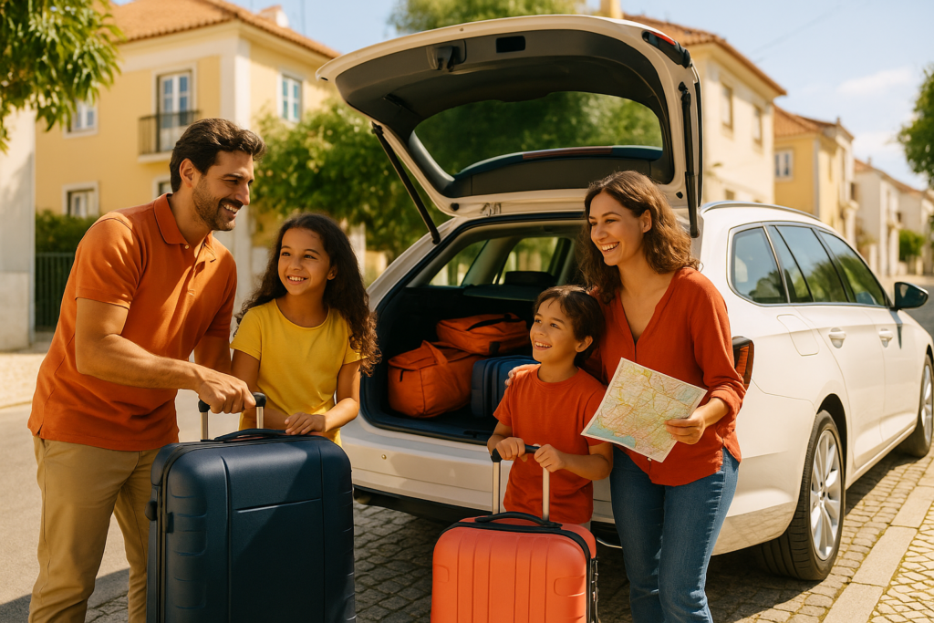 Família portuguesa a preparar viagem longa em carro de renting com tudo incluído