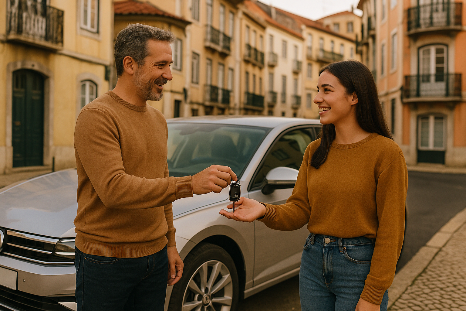 Familiar a receber as chaves de um carro de renting em Portugal