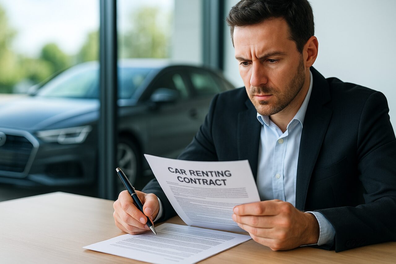 Pessoa a analisar contrato de renting de veículo com atenção antes de assinar, proteção contra fraudes no renting em Portugal