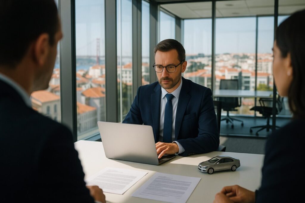 Gestor de frota a analisar contratos de renting empresarial em escritório moderno em Portugal