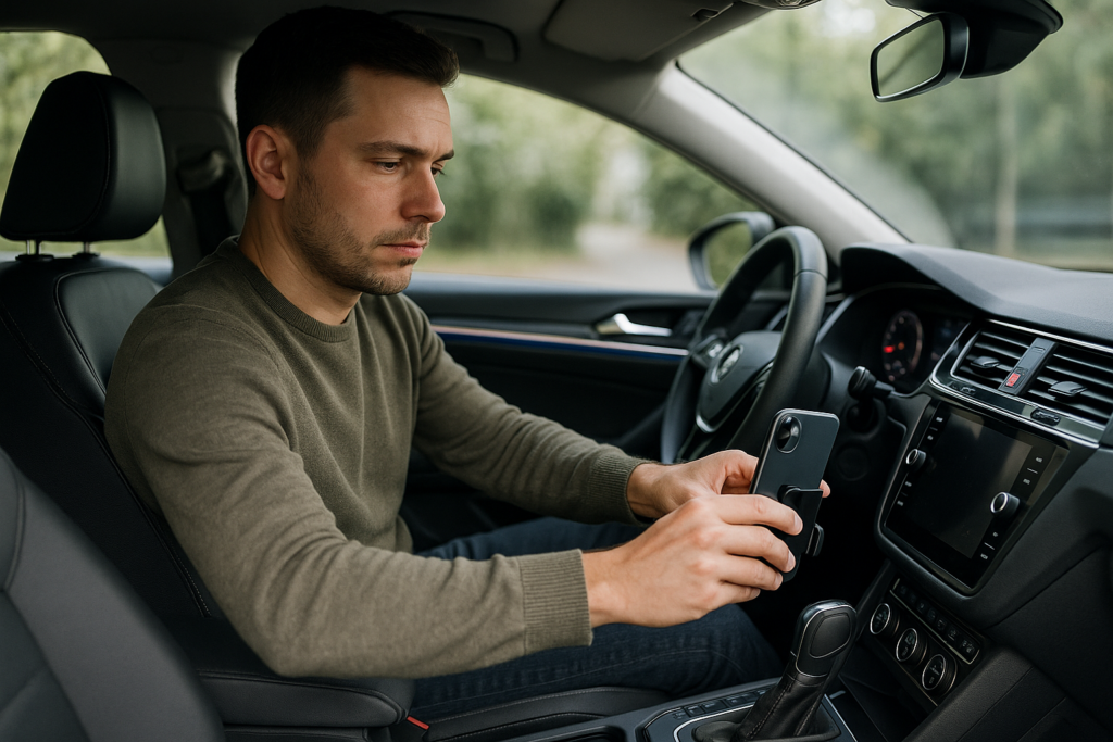 Condutor a colocar o telemóvel no suporte antes de arrancar — hábitos seguros ao volante