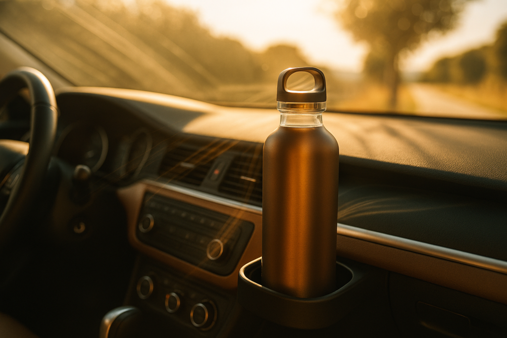Interior de carro moderno com garrafa de água no porta-copos e ar condicionado ligado durante viagem de verão