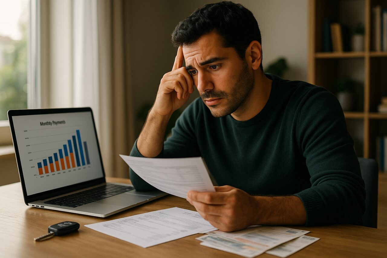 Homem a analisar documentos financeiros de contrato de renting com chave de carro em cima da mesa