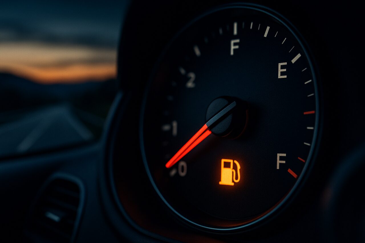 Indicador de combustível na reserva no painel de um carro moderno em Portugal