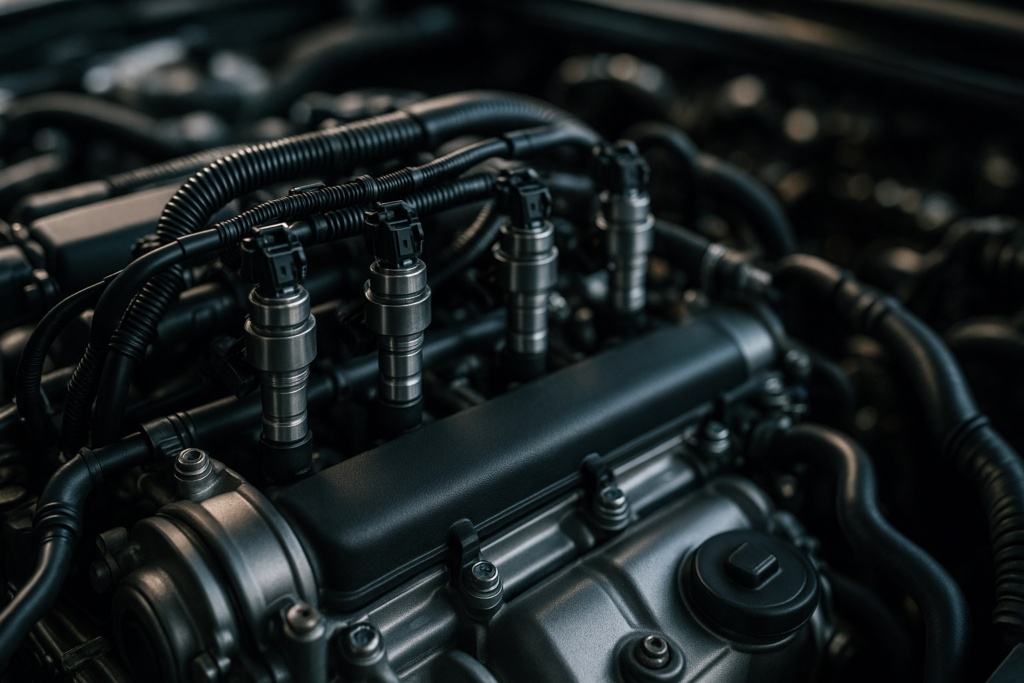 Injetores e motor de automóvel moderno em bom estado de manutenção