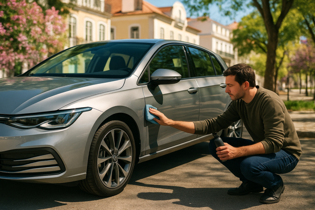 Inspeção visual e aplicação de sealant na pintura de um carro na primavera em Portugal