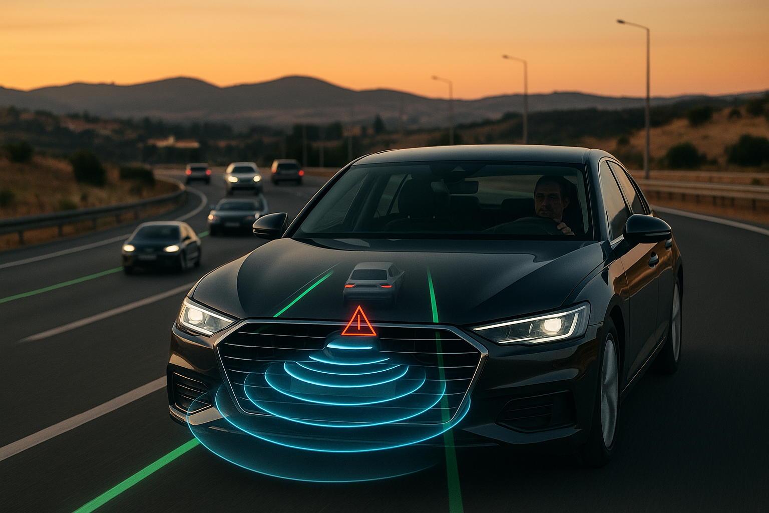 Inteligência artificial na segurança rodoviária em Portugal — carro moderno com sistemas de assistência à condução em autoestrada portuguesa