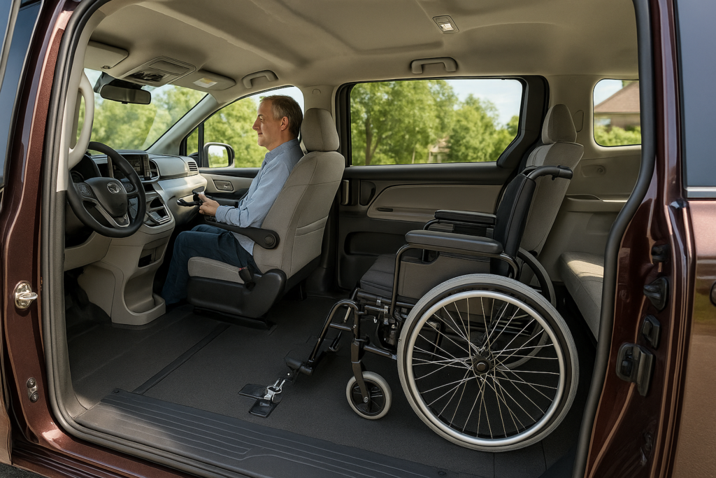 Interior espaçoso de carro adaptado com porta deslizante e controlos manuais para pessoas com mobilidade reduzida em renting