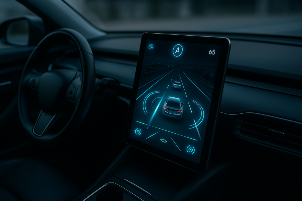Interior de carro autónomo com sistema ADAS e painel digital de assistência à condução em modo autónomo