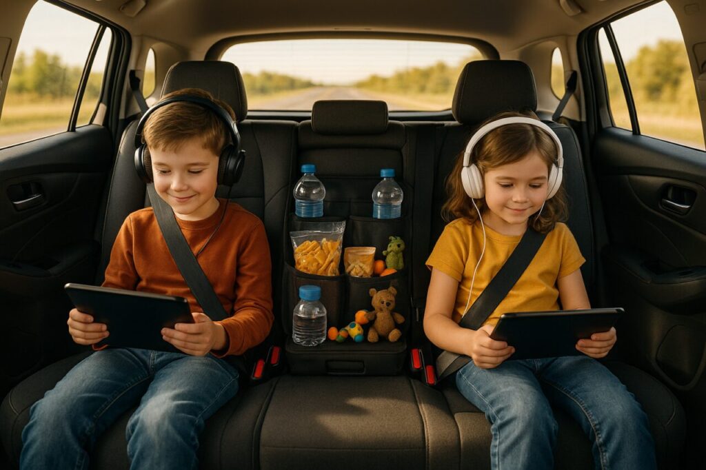 Interior de carro familiar organizado com crianças entretidas em viagem com tablets e lanches saudáveis