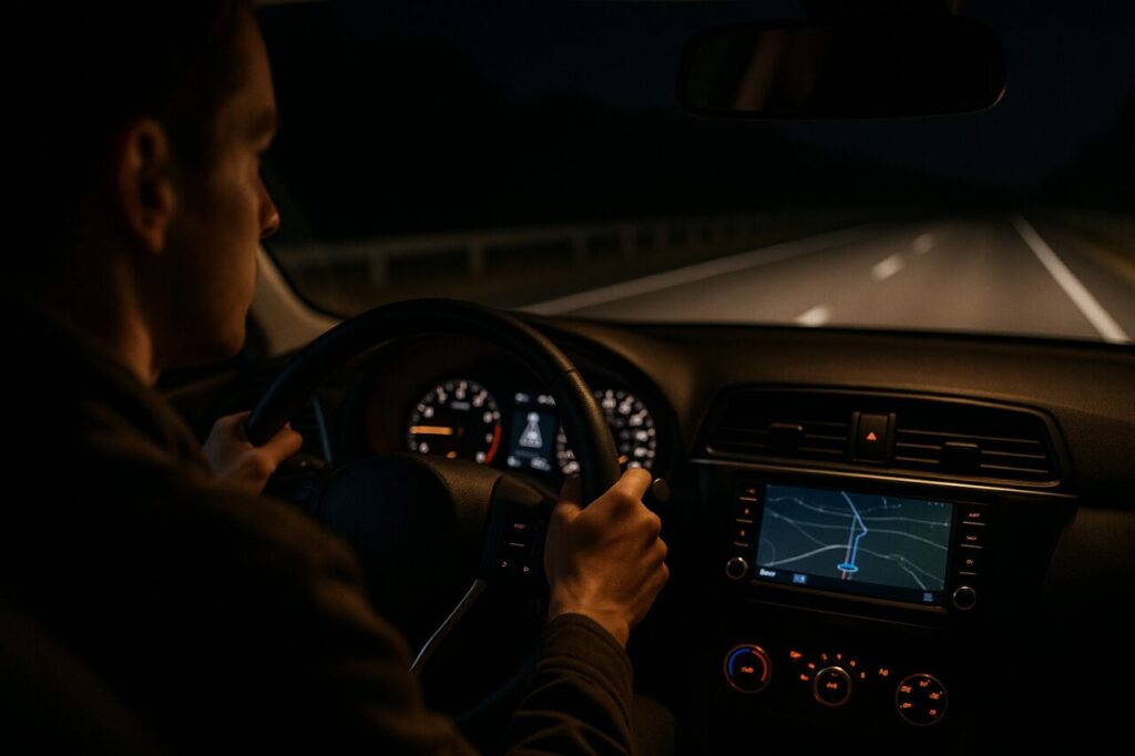 Interior de carro à noite com condutor concentrado, iluminação do painel de instrumentos, segurança e foco na condução