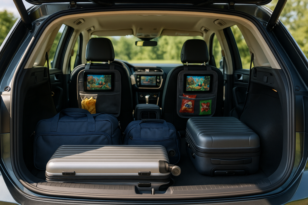 Interior organizado de carro de renting com bagagens arrumadas para viagem em família