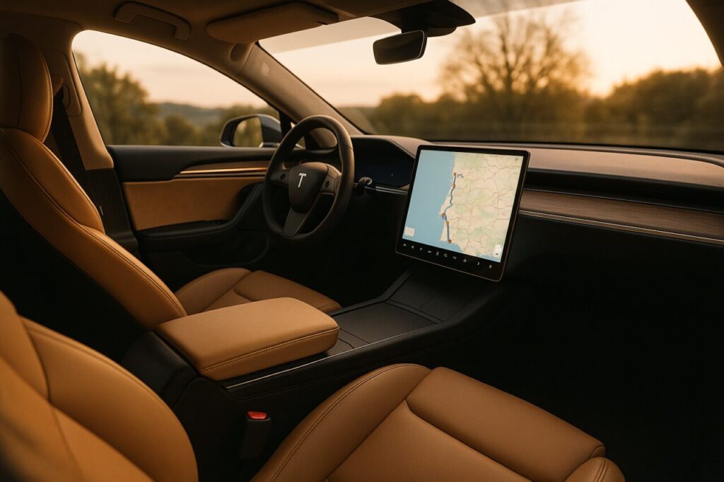 Interior de carro elétrico premium com navegação e planeamento de carregamento para viagens longas em renting