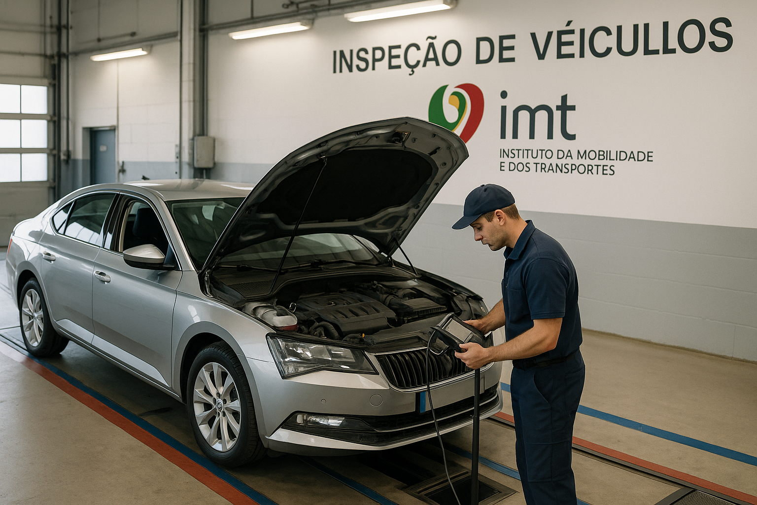 Carro em renting na inspeção periódica obrigatória IPO em Portugal com técnico a verificar o veículo