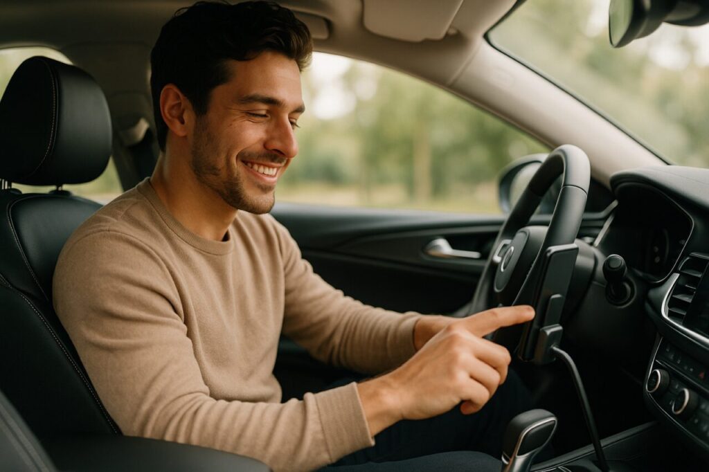 Jovem condutor satisfeito no interior de carro moderno em renting, com mensalidade fixa e tudo incluído