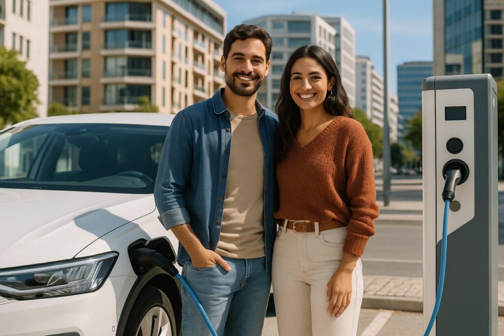 Casal jovem a carregar carro elétrico em Portugal, representando o acesso a veículos elétricos e híbridos através do renting
