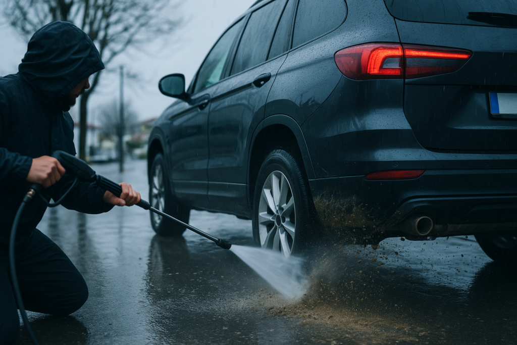 Lavagem da parte inferior de um SUV com jacto de pressão no inverno para remover sal e lama das estradas