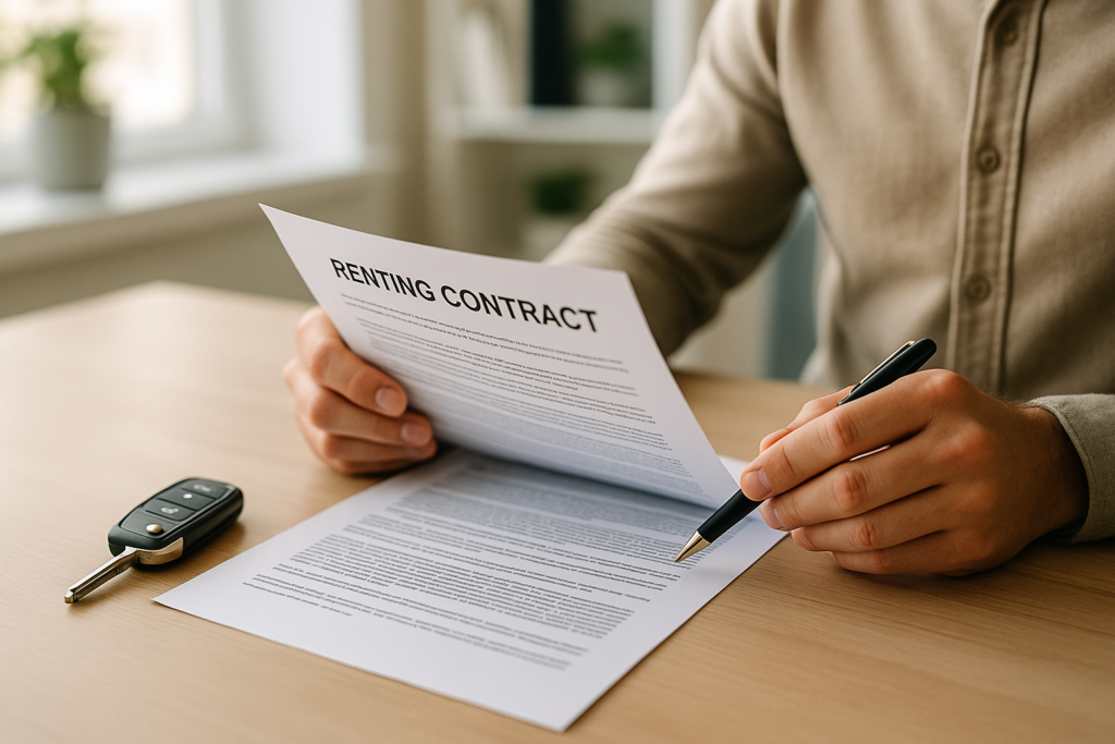 Pessoa a ler contrato de renting com cláusulas sobre condutores adicionais