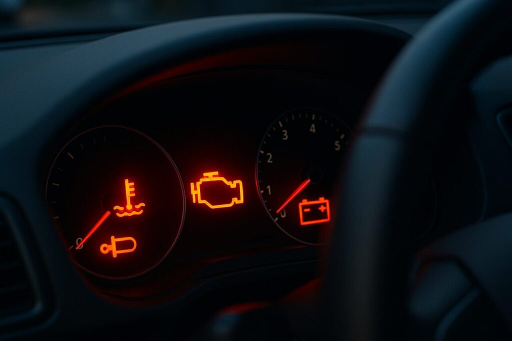 Luzes de aviso no painel de instrumentos de um carro moderno, sinais de avaria mecânica a não ignorar