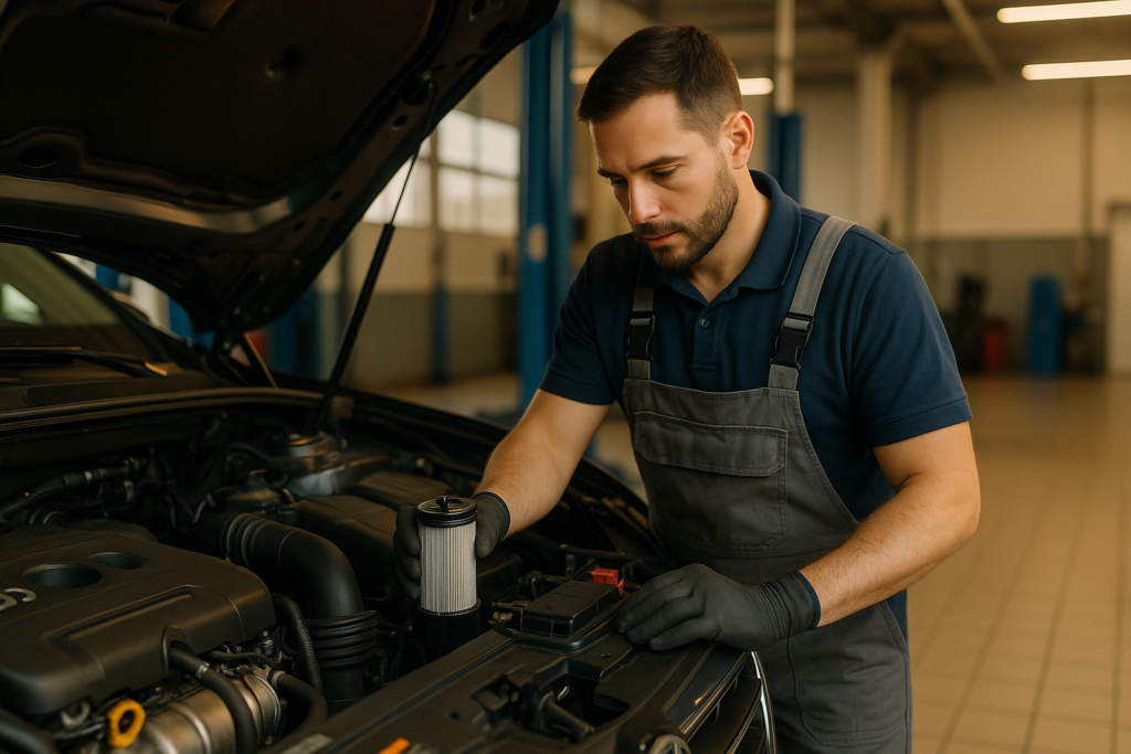 Mecânico a realizar manutenção preventiva num carro a diesel em oficina em Portugal