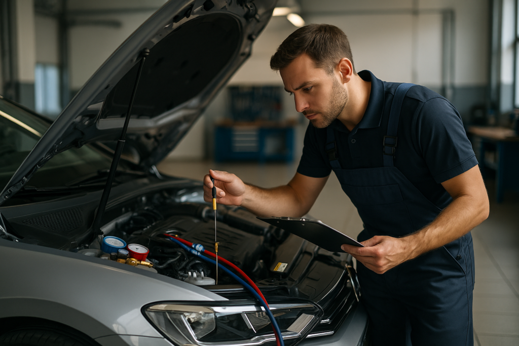 Técnico a realizar manutenção ao ar condicionado e fluidos de um carro moderno em oficina autorizada incluída no renting
