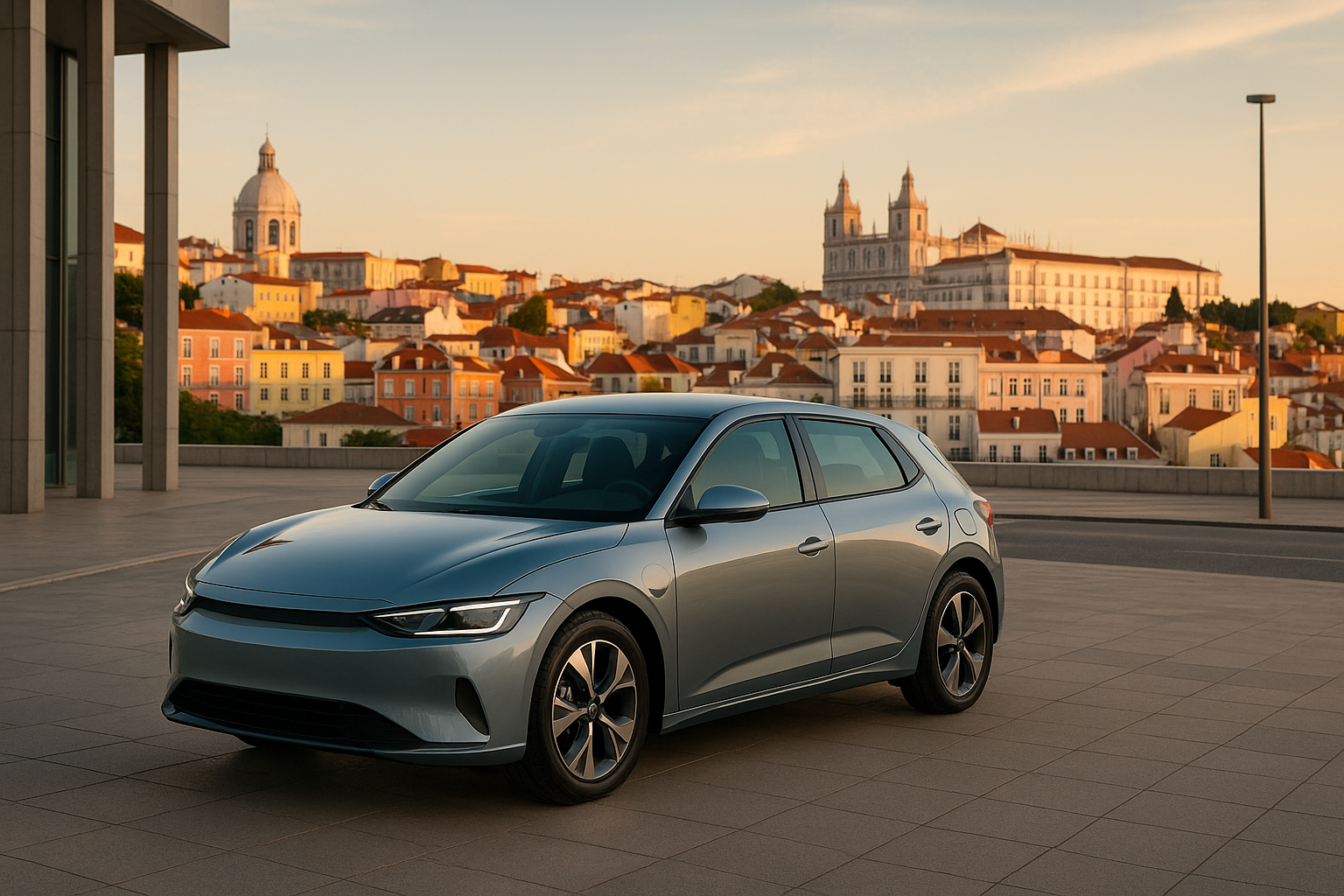 Carro elétrico moderno estacionado em segurança em Lisboa, desmistificando o medo de explosão em veículos elétricos