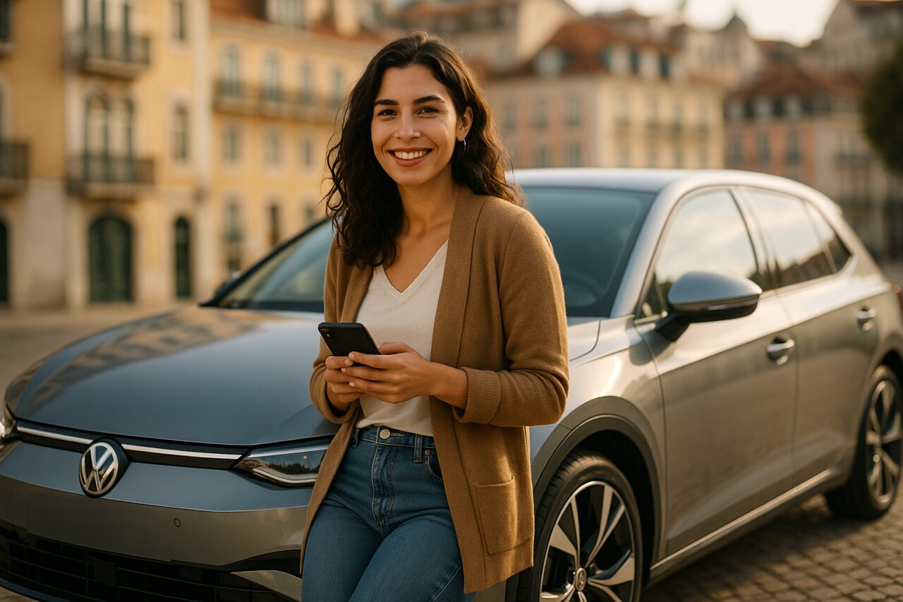 Jovem millennial portuguesa junto a carro elétrico moderno em Lisboa, representando o renting para jovens em Portugal