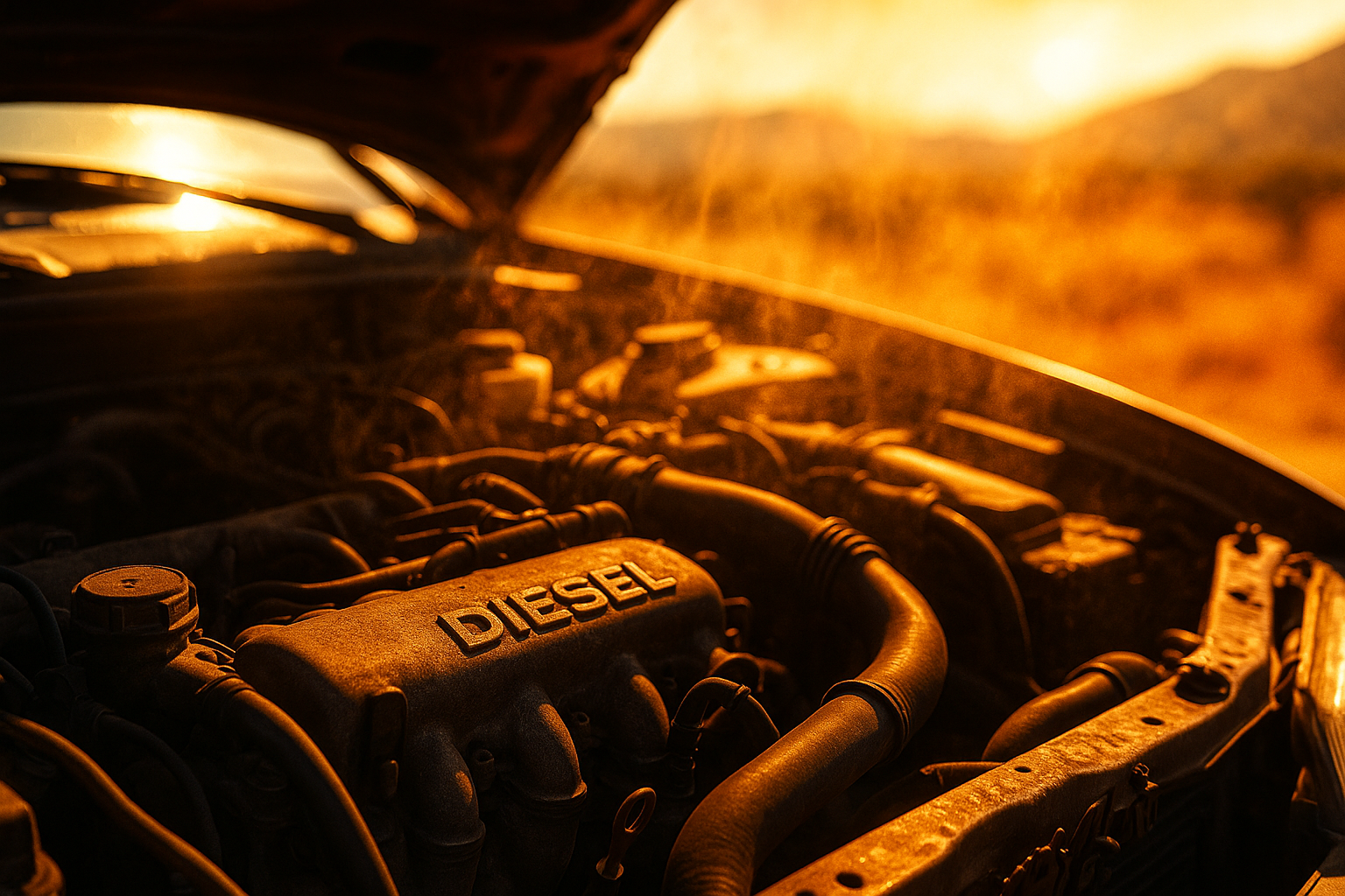 Motor a diesel com dificuldade de arranque em dia de calor intenso no verão em Portugal