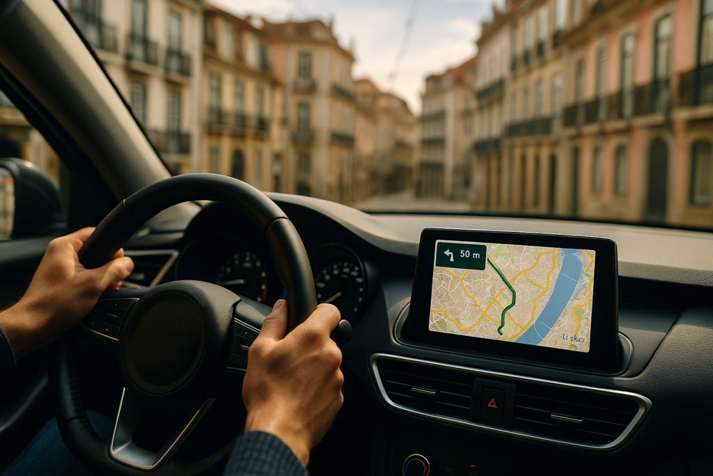 Ecrã de navegação GPS num carro de renting moderno com rota em Lisboa Portugal