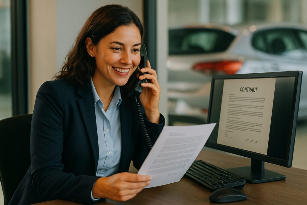 Representante de empresa de renting em Portugal a negociar solução de pagamento com cliente por telefone