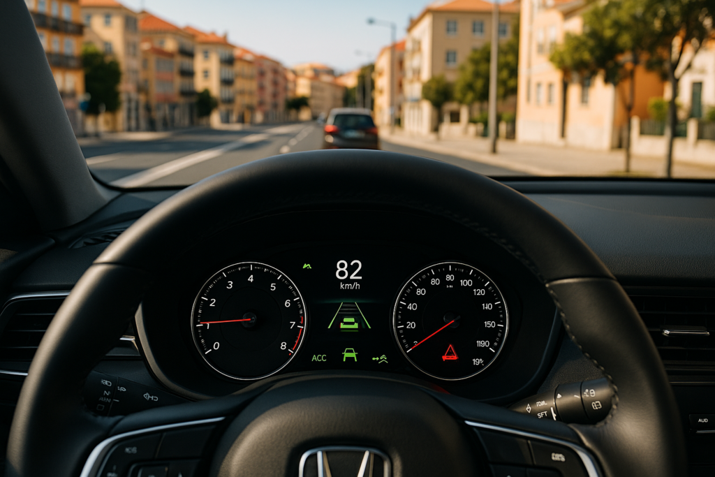 Painel digital de carro moderno com alertas e ícones dos sistemas ADAS ativos