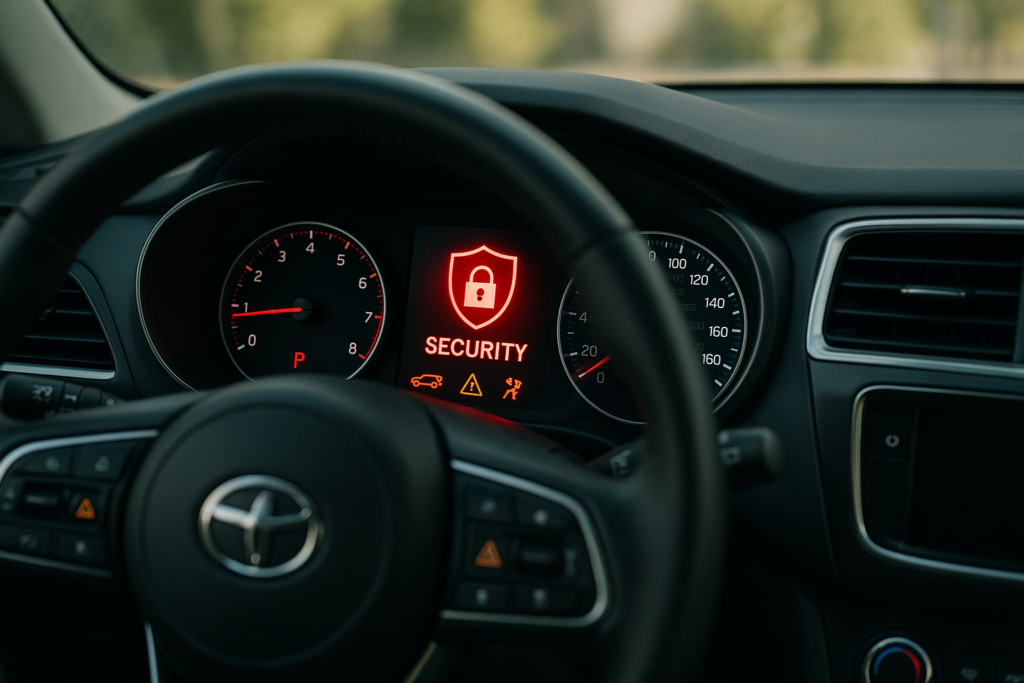 Painel de instrumentos de carro moderno com alertas de segurança e sistema antifurto