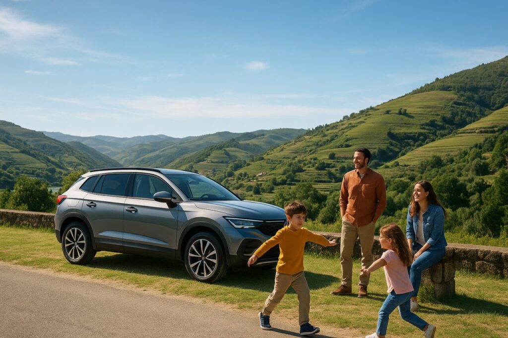 Família com crianças a fazer uma paragem de descanso durante viagem de carro em Portugal com SUV moderno em renting