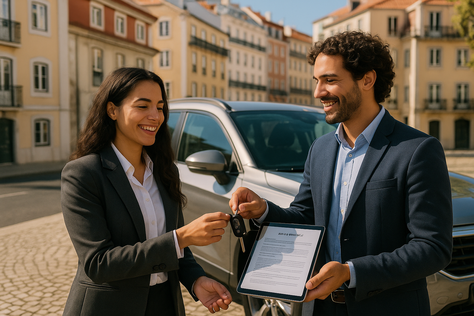 Duas pessoas a partilhar chaves de carro de renting em Lisboa