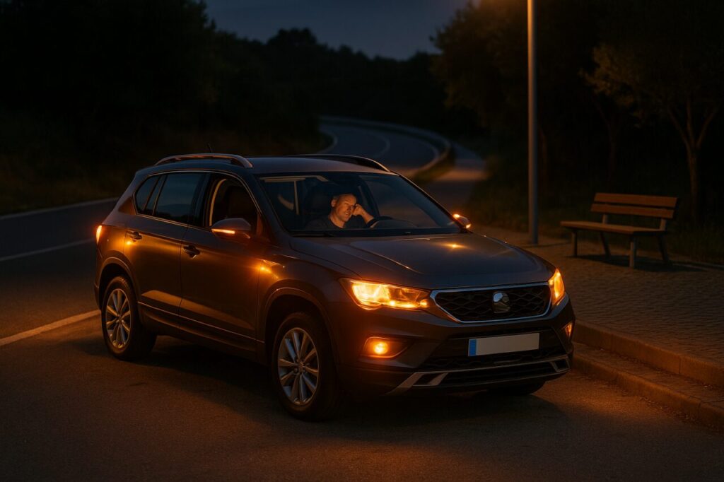 Carro estacionado em segurança à noite para pausa de descanso, condução responsável, segurança em viagem