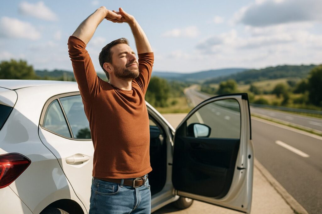 Condutor a fazer pausa durante viagem longa, alongando-se e respirando ar fresco numa área de repouso, promovendo segurança na condução