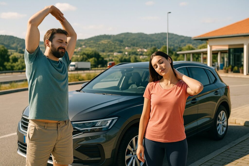 Casal a fazer pausas e alongamentos numa viagem longa de carro em Portugal para evitar dores e fadiga ao volante