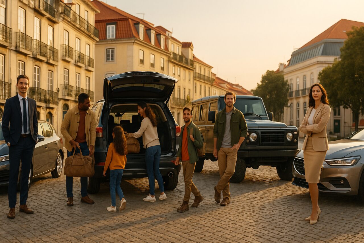 Diferentes perfis de condutor em Portugal ao lado dos seus carros em renting — urbano, família, aventureiro e profissional