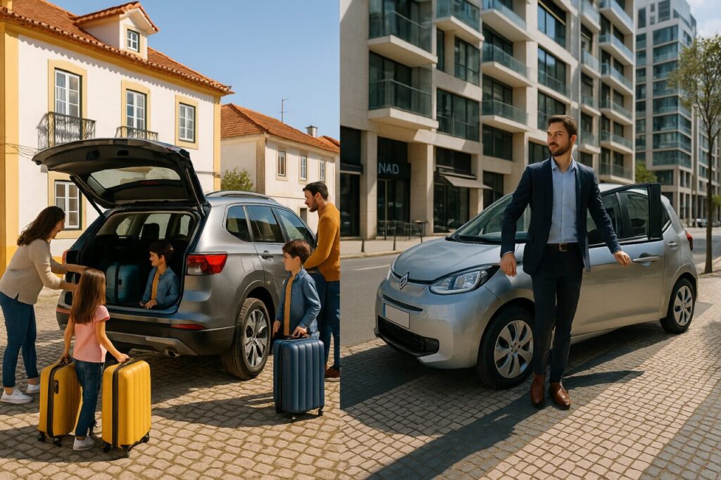 Diferentes perfis de utilizadores de renting flexível em Portugal, família com SUV e profissional com carro elétrico citadino