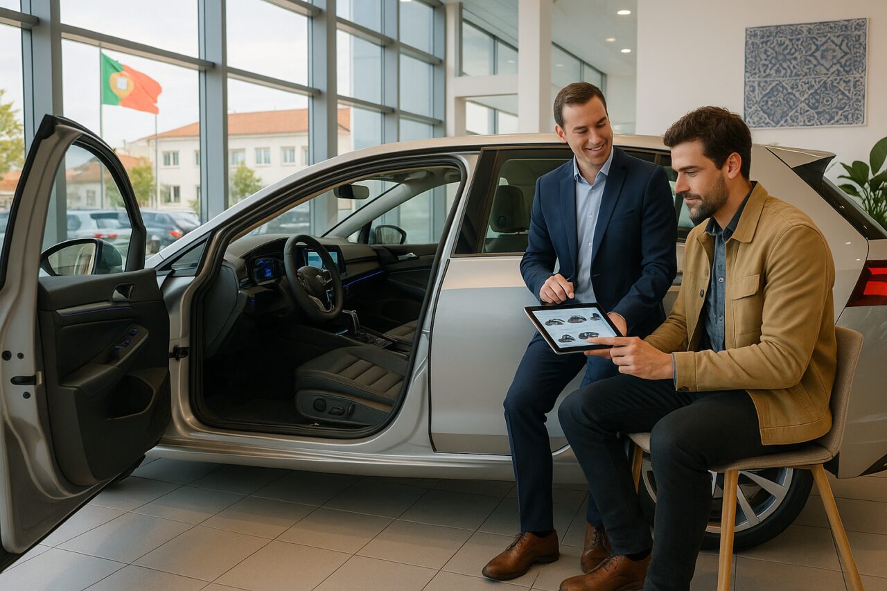 Cliente a personalizar equipamento de carro em renting numa concessionária em Portugal