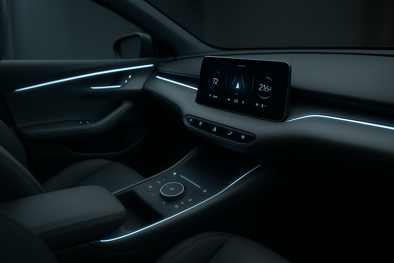 Interior futurista de automóvel com plastrónica integrada nos painéis plásticos iluminados