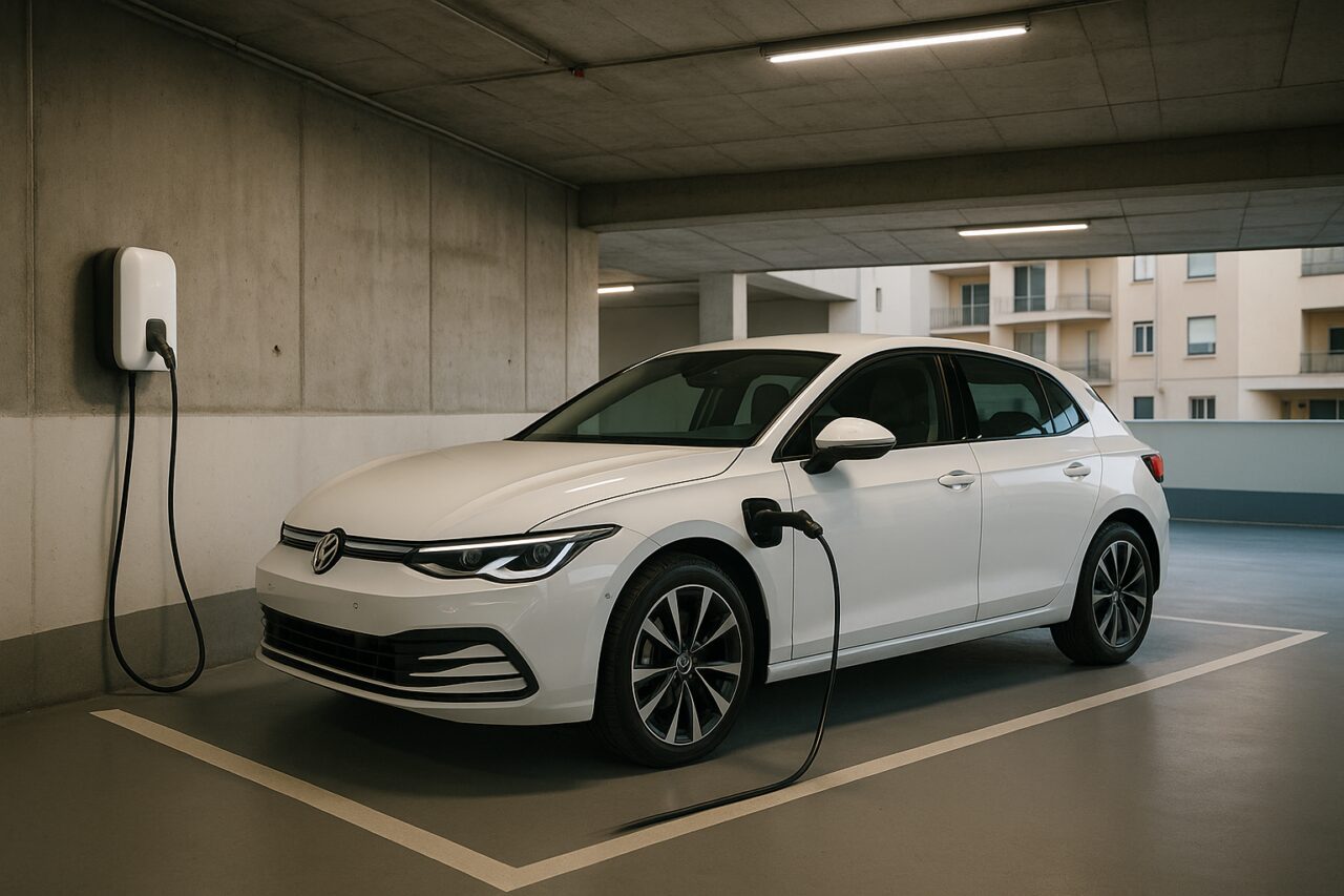 Ponto de recarga elétrico instalado em garagem de condomínio em Portugal com carro elétrico a carregar