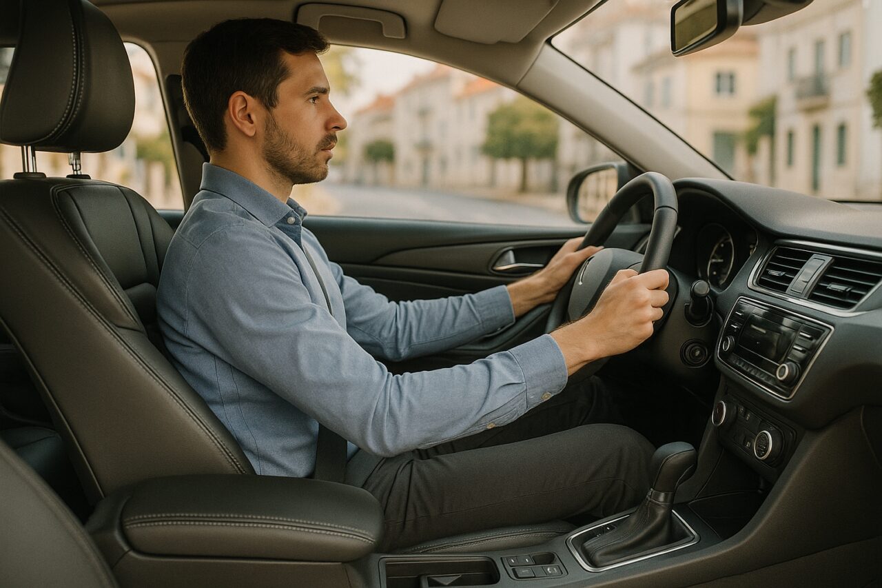 Condutor com postura correta ao volante num carro moderno, mãos nas 9h e 15h, costas direitas e apoio lombar ajustado